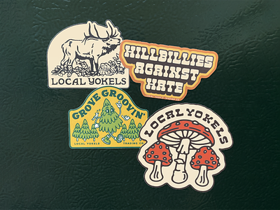 Local Yokels Trading Co. Stickers design elk hand lettered hand lettering hillbilly illustration mushroom pine tree procreate retro retro mascot sticker