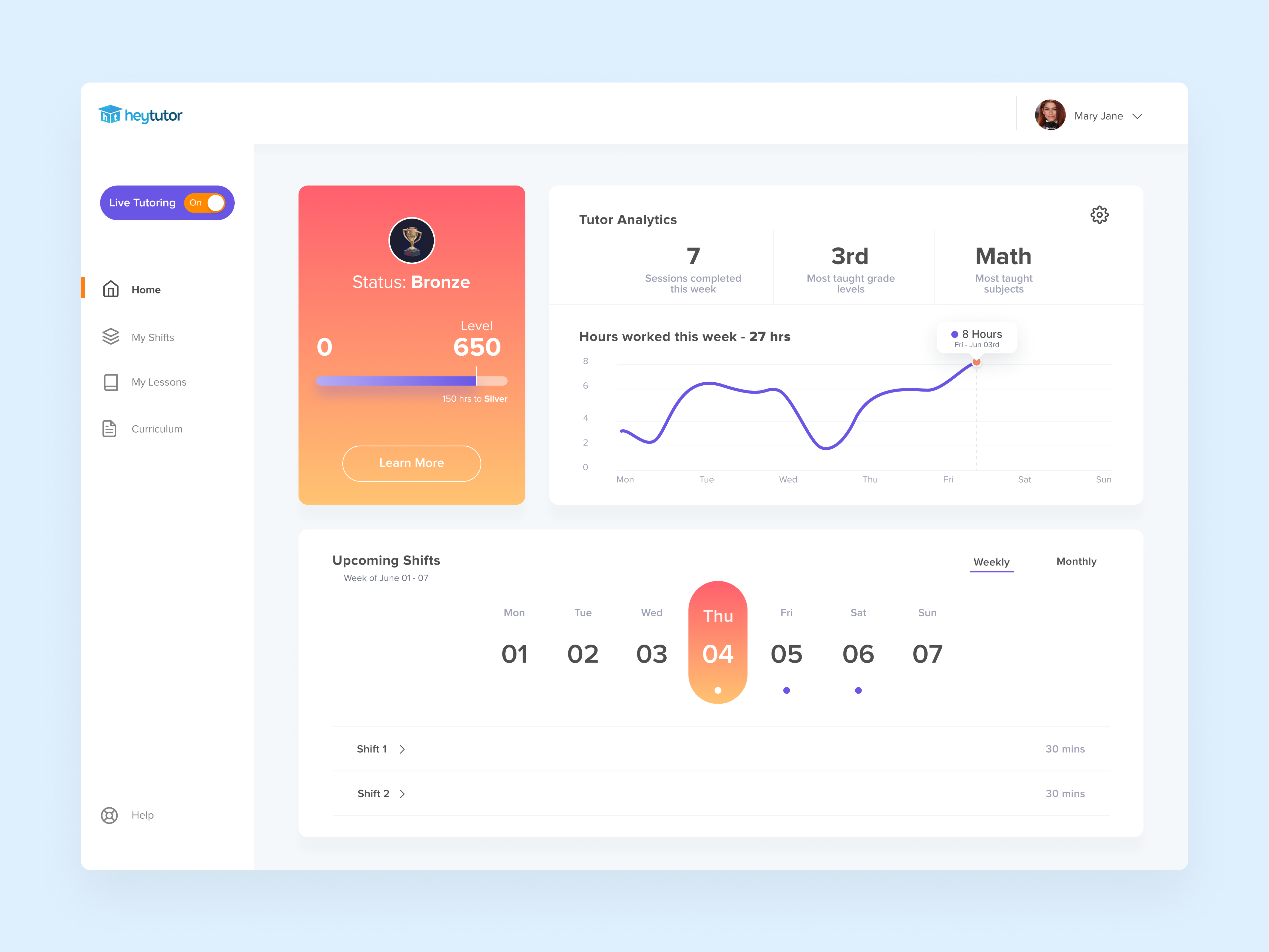 Example of Heytutor Dashboard