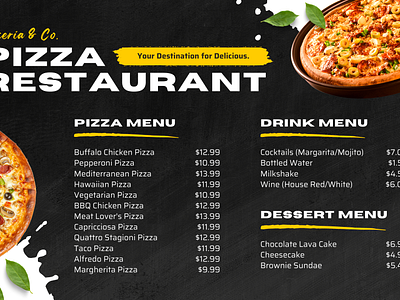 Project 03 - Pizza Restaurant Menu Landscape (Print Design) branding business cafe creative design drink food graphic design menu menu landscape modern pizza price list print print template restaurant