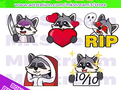 Twitch emotes cute raccoon knife, love, rip, comfy & perfect animal animated emotes anime comfy cute design emote emotes evil illustration knife logo love perfect raccoon raccoon emotes rip sub badge twitch emotes