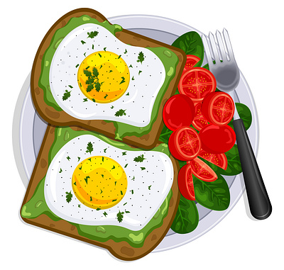 Avocado Toasts with Salad avocado toasts cherry tomatoes fork graphic design healthy breakfast illustration spinach sunny side up eggs top view illustration ui whole wheat bread