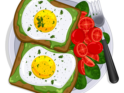 Avocado Toasts with Salad avocado toasts cherry tomatoes fork graphic design healthy breakfast illustration spinach sunny side up eggs top view illustration ui whole wheat bread