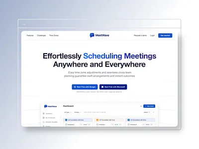 MeetWave – Meeting scheduling website blue booking call branding calendly call clean design clean ui clean website figma landing page light theme logo meeting startup ui ux web design website white zoom