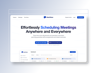 MeetWave – Meeting scheduling website blue booking call branding calendly call clean design clean ui clean website figma landing page light theme logo meeting startup ui ux web design website white zoom