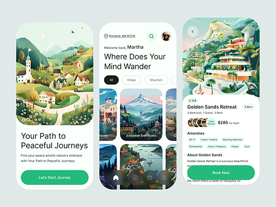 Travel Booking Mobile App UI adventure app booking booking app designer destination freelance hotel interaction journey mobile app mobile app ui mobile travel app peace serenity travel travel app ui ux wonder