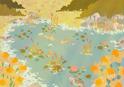 Dreamy Koi Pond botanical digital illustration floral illustration koi fish landscape nature pond procreate spring