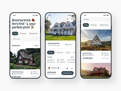 Bricky - Real Estate Finder Mobile App Design apartment app design clean house app housing management minimalist property property app property management real estate real estate agency real estate app real estate design realtor rent rent app renting villa