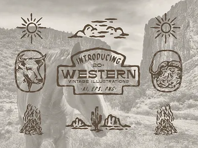Western Vintage Illustrations artwork badge badge design branding cowboy desert design designer drawing element flash design graphic design hand drawn illustration logo outdoor vector vintage design western wild west