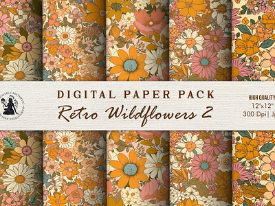 Retro Wildflower Seamless Pattern 70s digital paper flowers futuristic font printable seamless seventies sublimation vintage journal vintage papers vintage patterns