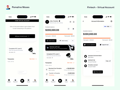 Fintech Dollar Virtual Account app design dollar fintech money payment receive send ui uiux ux virtual account