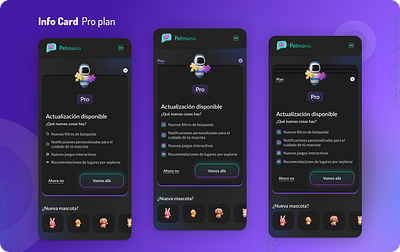 Info card 3d add new alert bot card card info close cta dark mode figma ia menu modal pet plan prototyping subscription ui user centered design user experence