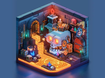 Lava Dungeon ⚔️ 3danimation 3dart 3dartwork 3dmodeling b3d blender blenderart dungeon gameart isometric lava skull