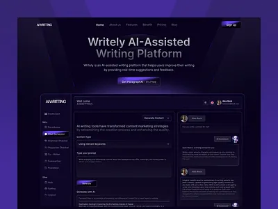 Writely AI Writing | Website UI Design ai artificial intelligence backbencherstudio design figma landing page strategic ui ui ui design project uiux user experience user interface design ux ux research web design website website design website ui design writing writing assistant