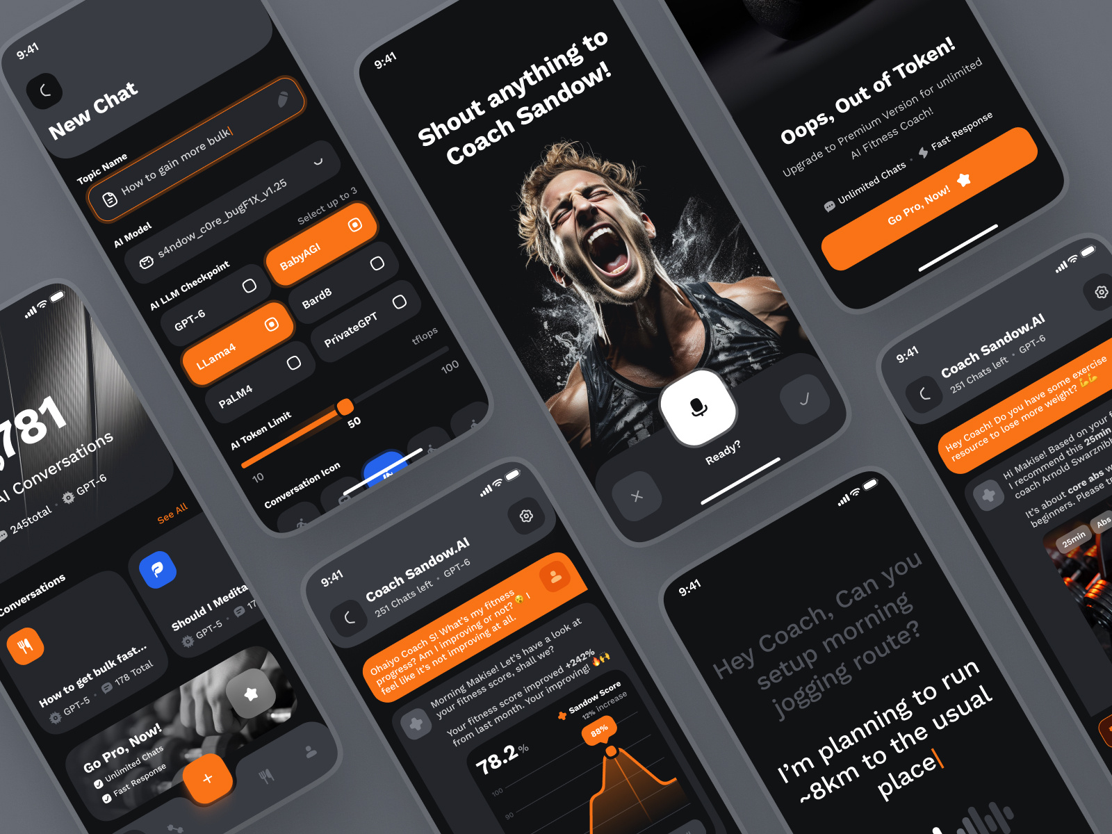 sandow UI Kit: AI Fitness App | Fitness Coach Companion UI/UX ai chatbot app ai fitness coach ai fitness companion ai fitness trainer bold dark mode exercise app figma ui kit fitness fitness app fitness coach gym gym app health app healthcare app minimal orange ui kit workout workout app