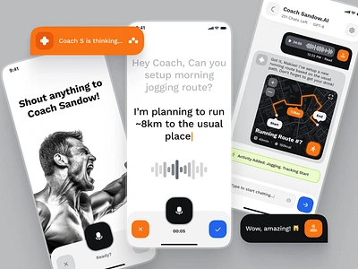 sandow UI Kit: AI Fitness & Diet App | AI Fitness Trainer UI/UX ai chatbot app bold chat ui exercise app figma ui kit fitness fitness ai chatbot fitness ai companion fitness app fitness coach fitness mobile app fitness trainer gym app minimal mobile app orange sound ui ui kit voice ui workout app