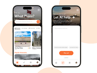 AI enhanced tourism app for Norway ai app design modern simple tourism travel app ui