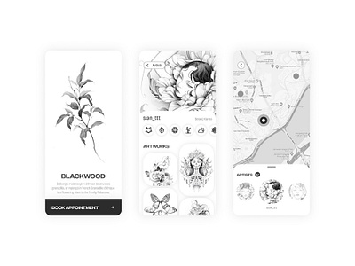 Tattoo App UI app artist artwork black bw find map minimalism mobile noir tattoo ui white