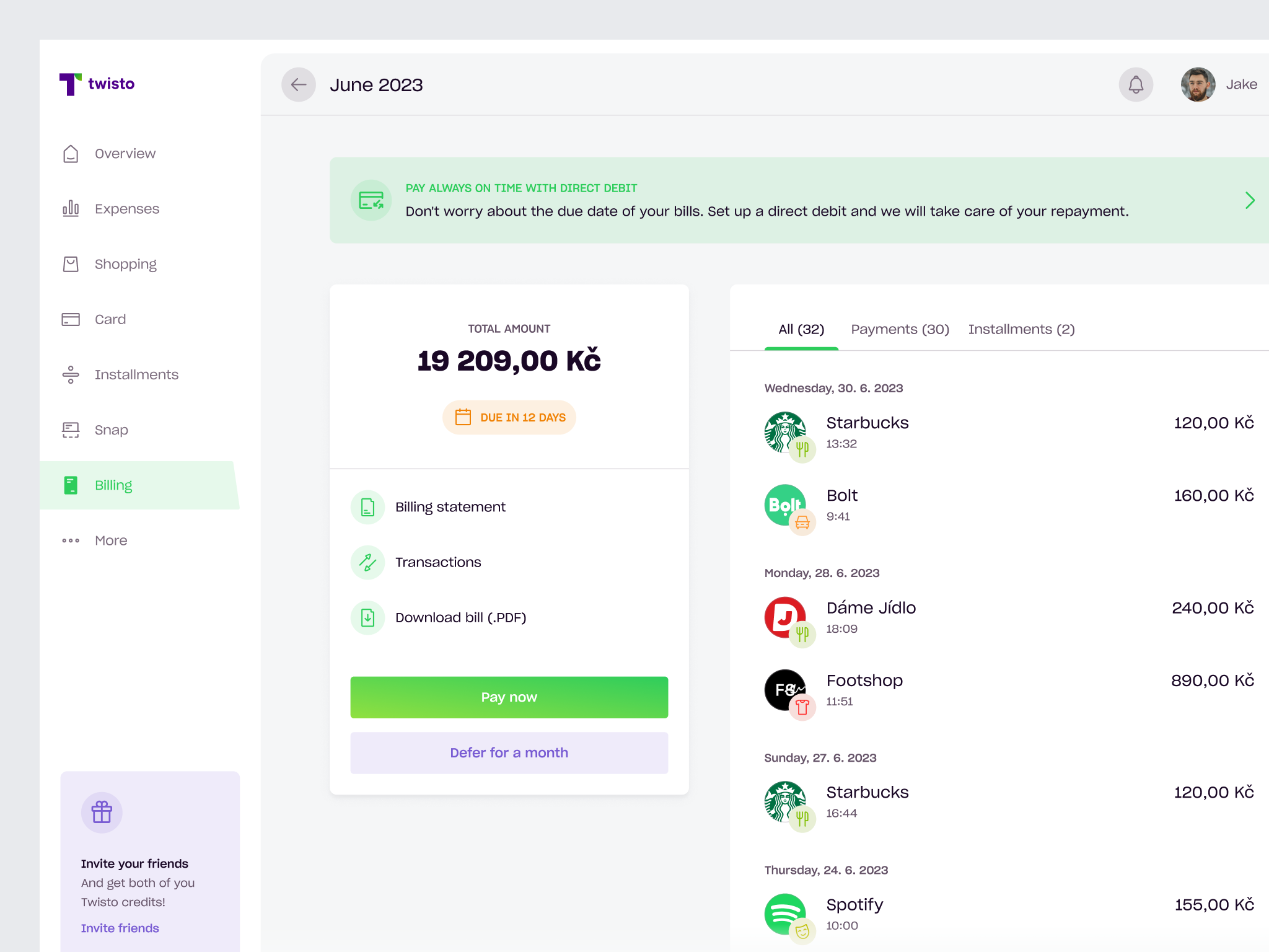 Twisto - Billing billing bnpl dahsboard direct debit finance fintech light navigation param patment product design repayment setup flow sidebar steps transactions twisto ui user interface