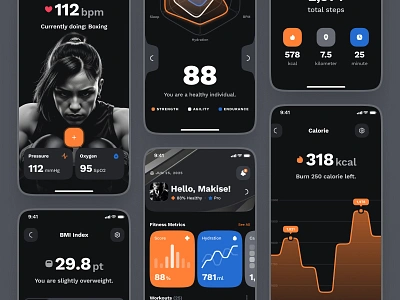 sandow UI Kit: AI Fitness App | AI Fitness Coach Companion UI bold boxing calorie tracker dark mode exercise app figma ui kit fitness fitness ai coach fitness ai companion fitness app fitness mobile app fitness score fitness tracker fitnses ai chatbot gym app health healthcare minimal ui kit workout app