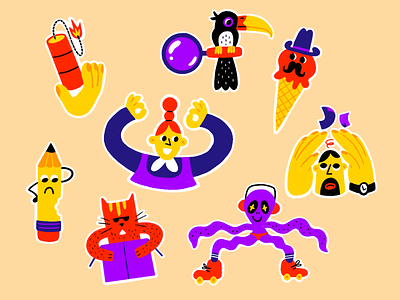 Office stickers branding car characters funny hand drawn ice cream octopus office pencil procreate stickers stickers set texture