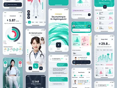 nightingale UI Kit: AI Medical & E-Pharmacy App | Smart UIUX ai medical app ai medical chatbot clean figma ui kit green health app healthcare healthcare app healthcare ui medical medical app medication app minimal modern pharmacy pharmacy app red teal tech ui kit