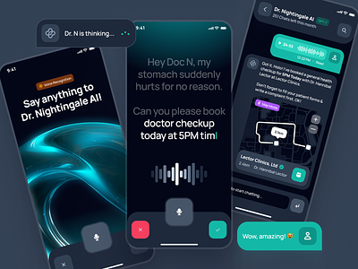 nightingale UI Kit: AI Medical & E-Pharma App | Doctor Companion ai doctor companion ai healthcare app ai medical app ai medical chatbot chat ui dark mode doctor app figma ui kit health app healthcare healthcare app medical medical app medication app minimal pharmacy app sound ui teal ui kit virtual care