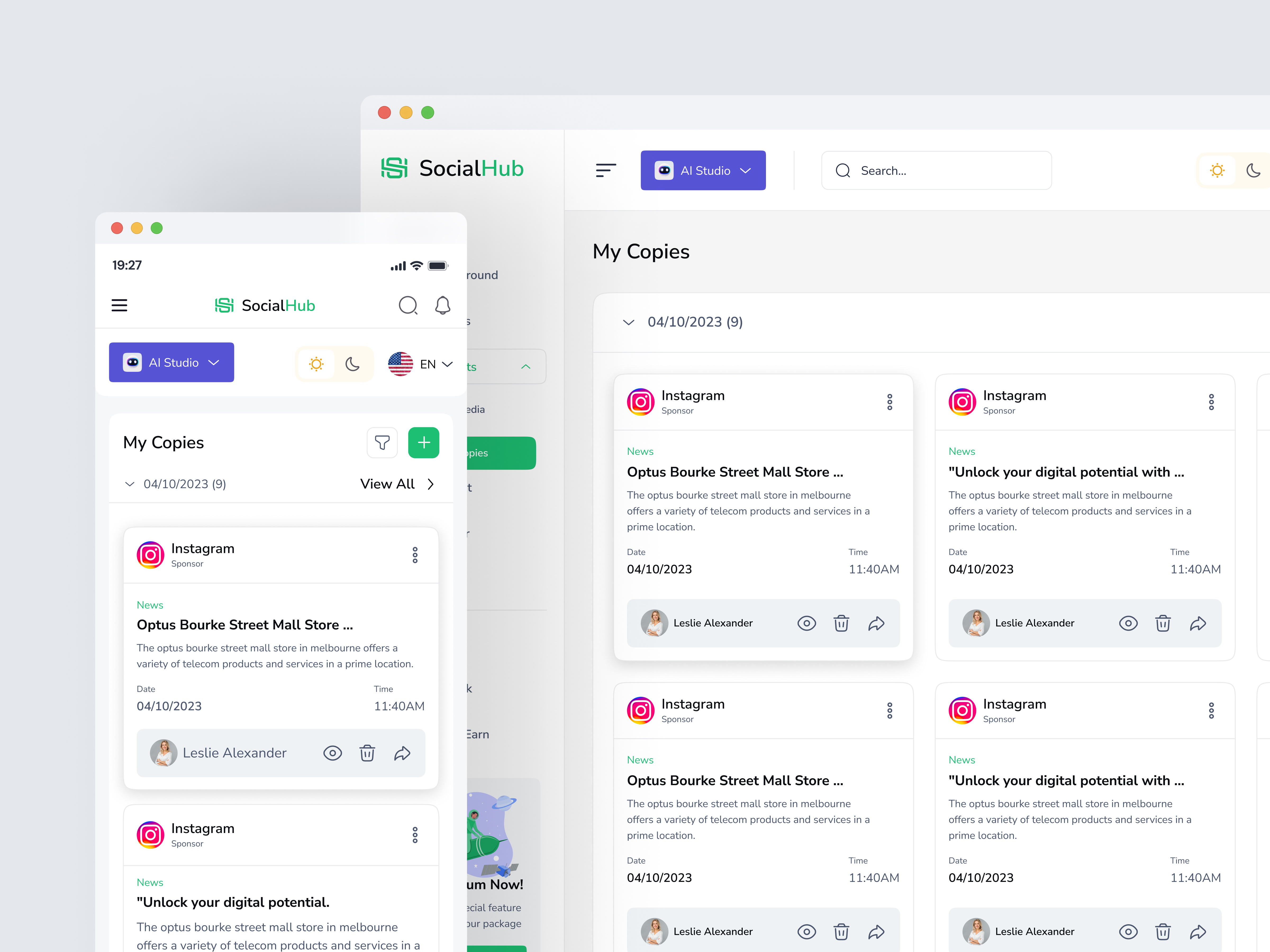 AI Social Media Management - Dashboard & Mobile Responsive ai ai social media management card clean dashboard design system illustration layout management minimal mobile applications mobile responsive product design saas dashboard saasdesign social media ui ux uiuxdesign web app web application design