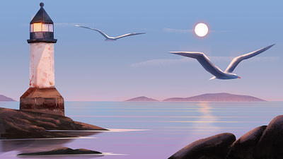 Coastal Serenity animation beach birds branding coastal design digital art explainer video illustration illustrator light house motion graphics photoshop vector art wacom