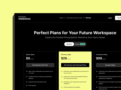 Futuristic Workspace - Pricing Page app branding cards clean ui color palette color paletter colour darkmode dashboard design graphic design illustration logo mobile design pricing pricing page typography ui vector website