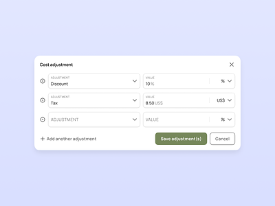 Cost adjustment checkout clear code cost adjustment delete design discount flat gift minimal modal money percent popup price product design save tax ui ux