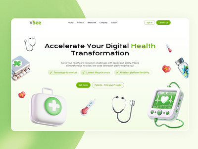 Digital Heath Transformation Landing Page 3d digital heath doctor heath care nurse ui