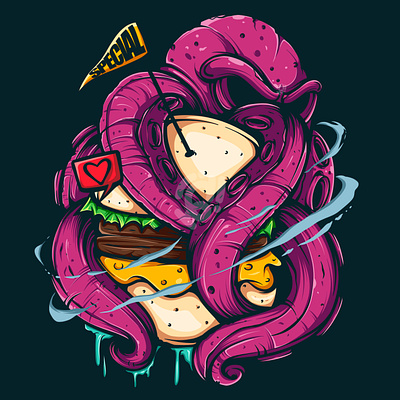 OCTOPUS AND BURGER art burger character design doodle fastfood icon illustration logo mascot menu octopus restaurant symbol vector