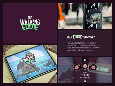 The Walking Eddie - Brand Identity brand game brand mascot fun brand fun logo game design game motion gaming logo lila logotype logotype mark motion zombie purple brand purple game puzzle brand puzzle game radioactive green ui for gaming zombie zombie game zombie logo