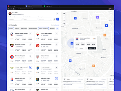 Football Academies - Search page /w map app browser design figma filters football light map scout scouting search search engine searching soccer ui user interface web