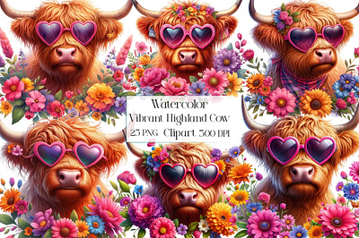 Watercolor Vibrant Highland Cow Clipart digital images printable