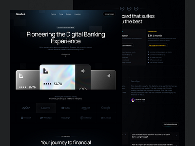 GlobalBank - Digital Banking Website Design bank branding dark mode design feature financial homepage landing page mastercard mockup partnership payment pricing product secure transaction ui ux visa website