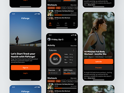 Sport & Fitness UI Exploration bento burn calorie cardio dark figma fitness fitness app fitness tracker gym gym app health app mobile orange sport steps ui ux workout yoga