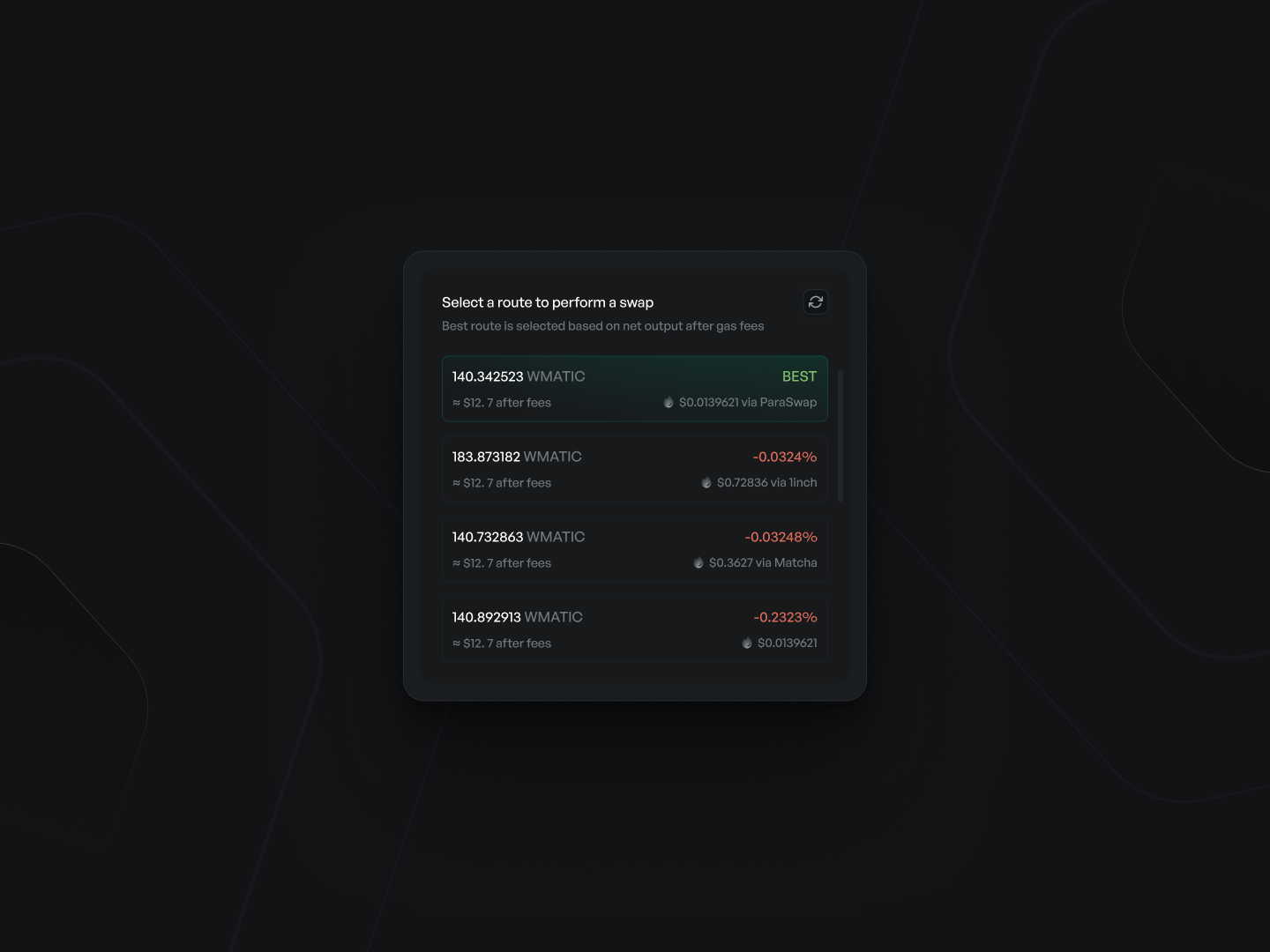Route selection UI for a web3 aggregator aggregator btc coins darkui eth lenear matic modal route solana ui ux web3