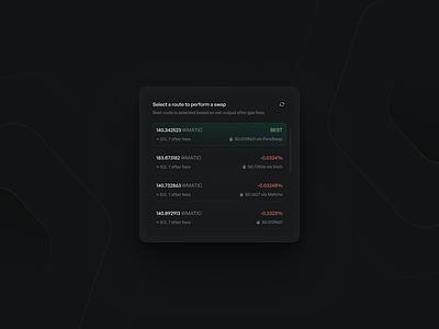 Route selection UI for a web3 aggregator aggregator btc coins darkui eth lenear matic modal route solana ui ux web3