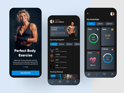 Fitness Mobile App app blue burn calories app chart dark dark theme design fitness fitness app mobile app sport ui uiux workout workout app