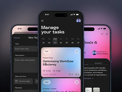 Task Manager Mobile App app application dark mode gradients inspiration ios management mobile app note notion organize planning productivity project project manager saas task task manager todo work list