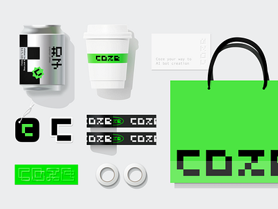 Coze Bot Brand app business card cans coffee concept cup display green handbag icon logo signage silver sticker tape ui ux young