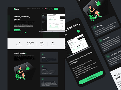 Landing page (with mobile version) app dark mode figma finance financial financial product landing page marketplace mobile ui uxdesign web