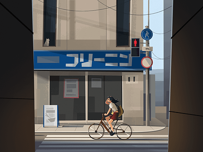 Woman on bicycle bicycle branding character city design graphic design human illustration japan people street woman