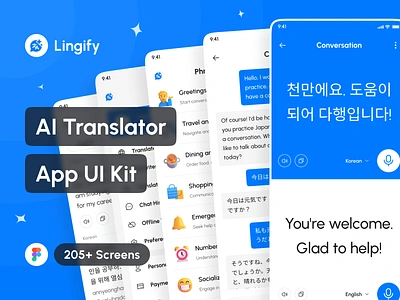 Lingify - AI Translator App UI Kit ai ai chatbot ai translator app app design application design design system figma interface language learning language translation mobile portfolio project template ui ui design ui kit uiux