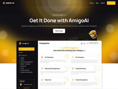 Landing page AI Chat, Amigo AI - Chat like a pro ai amigoai branding chatai chatgpt design figma graphic design illustration interactive landing page logo marketing page ui ux vector website new yellow style
