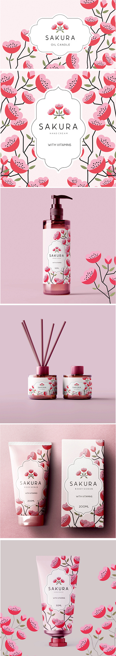 Sakura Cosmetic Line branding design graphic design illustration logo package design pattern