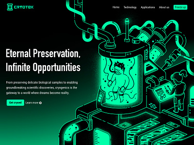 Cryogenics landing page character cryogenics energy futuristic glow grain illustration isometric landing page neon science stasis tech texture thierry fousse tube ui vector webdesign wire