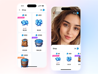 Shop UI for app with video calls app balance bottom sheet coin shop game shop gems in app mobile modal shop ui video video calls