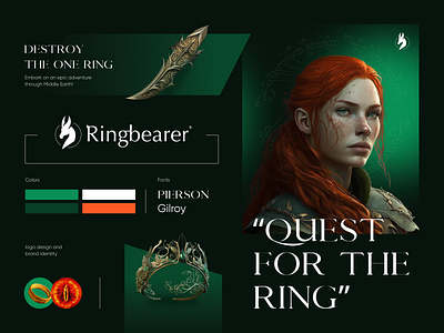 Ringbearer logo ai branding dragon elf fantasy game graphic design green logo lotr medieval midjourney online games ring